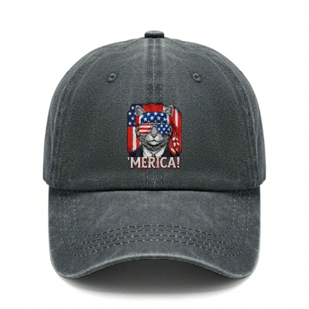 [USA Themed Baseball Cap] 'merica! Cat Graphic Print Polyester Unisex Adjustable Curved Brim Vintage Washed Baseball Hat For Festivals, Summer