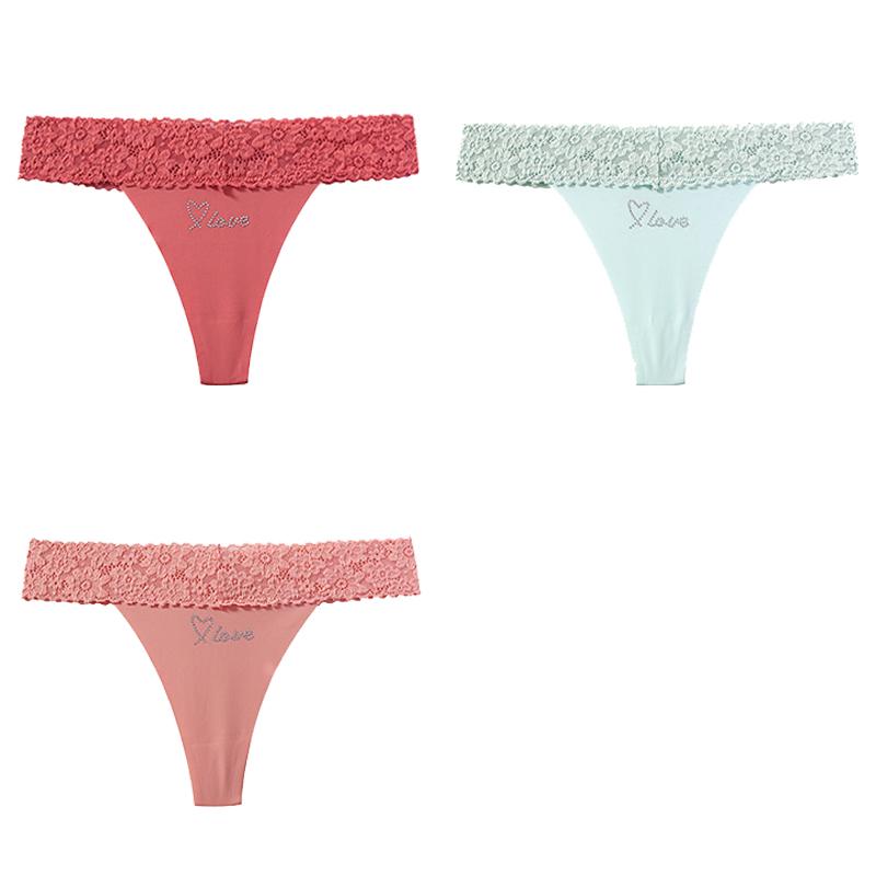 CINOON 3Pcs/Lot Women s Sexy Low-Rise Thong Lace Waistband Seamless Underwear Solid Color Lightweight Breathable Thong S