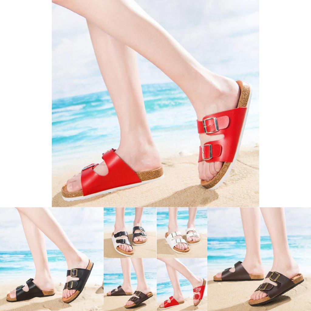 Elegant Women's Slide Buckle T-strap Cork Footbed Platform Flip Flop Shoes Sandals
