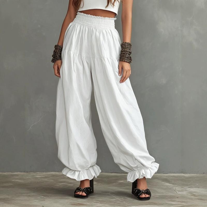 Women's Smocked Waist Harem Pants Loose Balloon Trousers Ruffle Ankle Casual Summer Pants