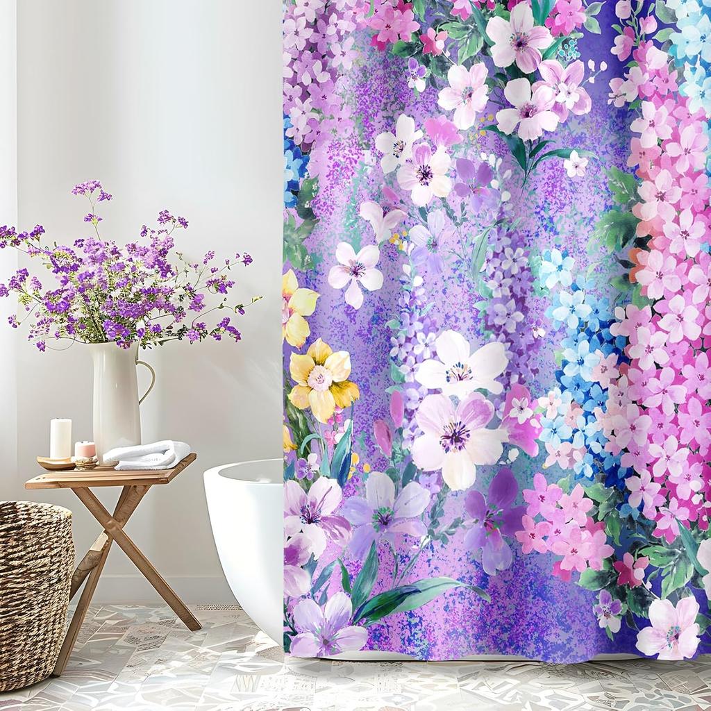 Purple Floral Shower Curtain,Colorful Flower Fabric Shower Curtain for Bathroom, Pretty Funky Watercolor Cloth Shower Curtain