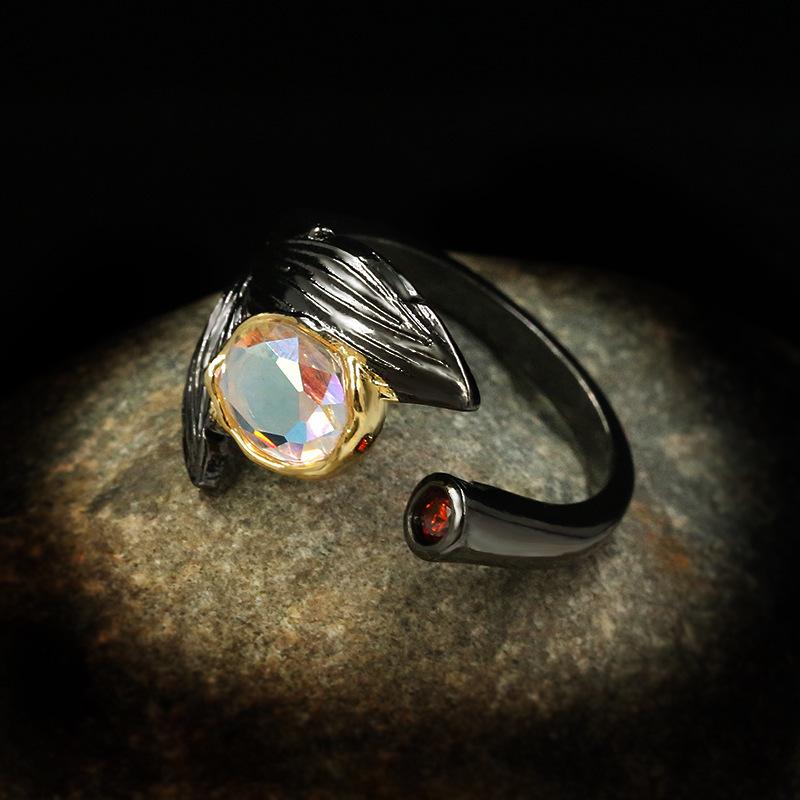 European and American Creative Inlaid with Moonstone Black Gold Branch Ring Retro Thai Silver Dyed Black Leaf Ring