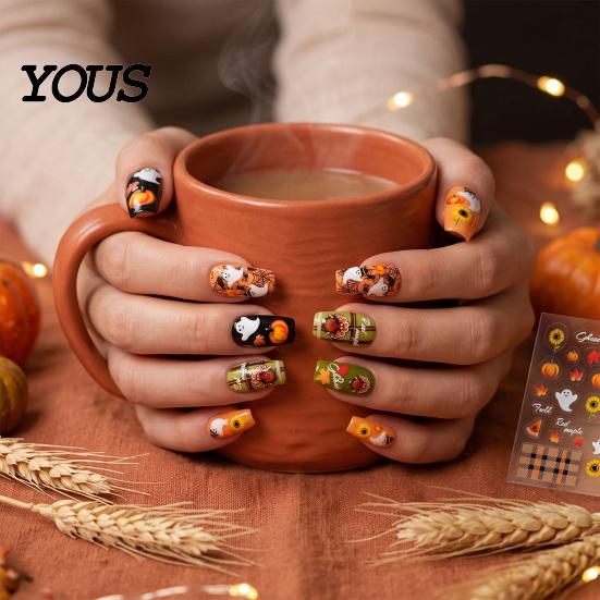 Fall Themed Nail Accessories Art Stickers for Halloween Thanksgiving, Autumn Turkey Pumpkin Maple Leaf Manicure Sticker, Embossed Waterproof Adhesive