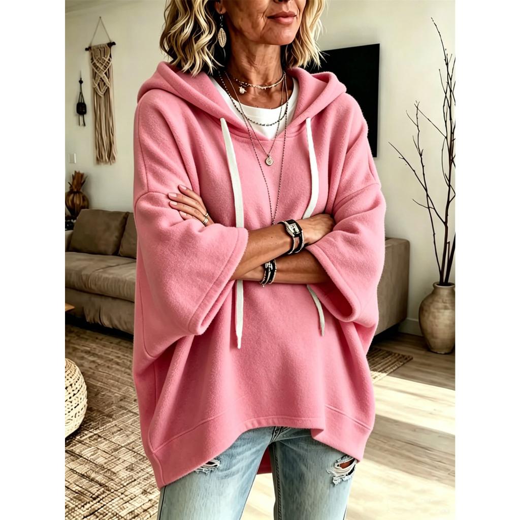Women's Loose Seven Quarter Sleeves, Hooded Drawstring T-shirt, Batsleeved Top, Outerwear