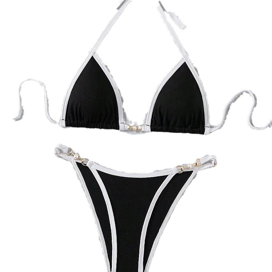 Nowy Europejski I Amerykański Dwuczęściowy Bikini Damski Czarno-Biały Kolor Strój Kąpielowy
