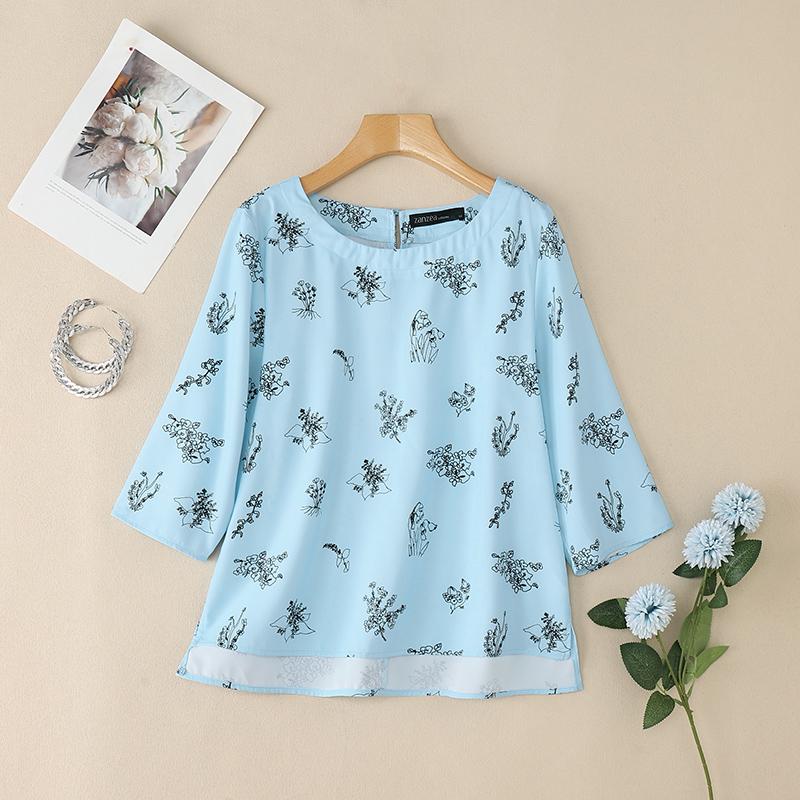 

ZANZEA Женская повседневная блузка с круглым вырезом, свободным рукавом 3/4 и принтом 5XL синий