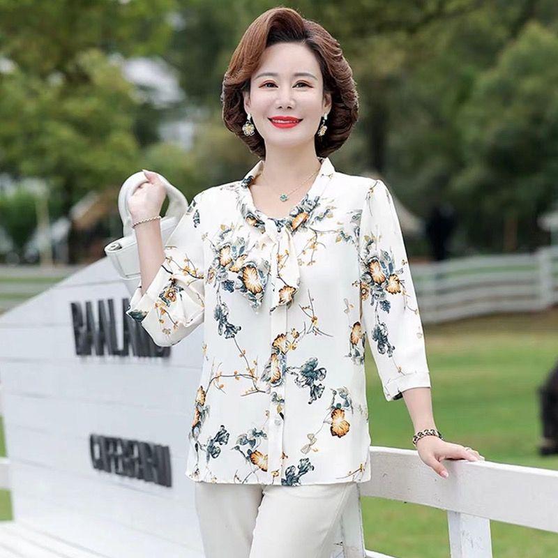 Cămașă de șifon cu mâneci trei sferturi și panglică pentru femei, ținută de vară pentru mamă, cămașă largă și subțire