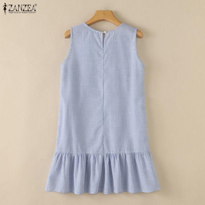 ZANZEA Women Casual Round Neck Loose Sleeveless Stripe Dress