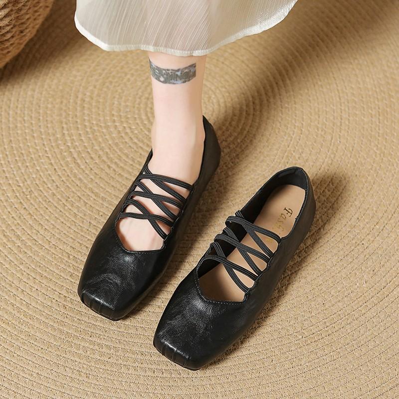 Fashion Aphixta Square Toe Black Flats Shoes Slip On Elastic Bands Cross Straps Womens Shoes Elegant Flat with Ladies Shoes