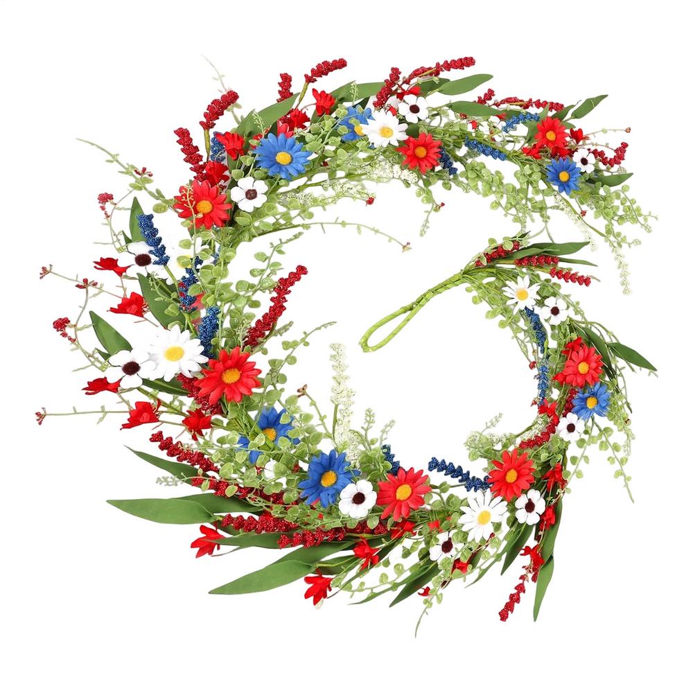 4th Of July Wreath 4.9ft Red White Blue Daisy Flower Garland July Flower Garland Wreath For Window Porch Patio Garden Farmhouse