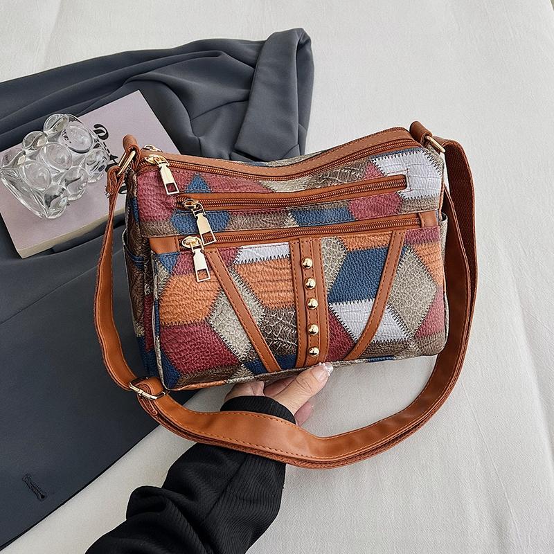 Middle-Aged Mother Bag Stitching Color Block Crossbody Bag Women Retro Multi-Compartment Large Capacity Shoulder Bag
