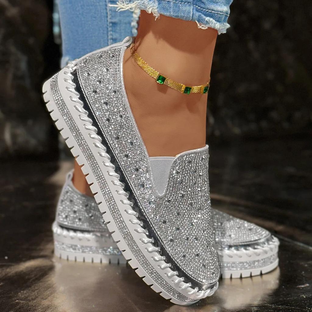 Spring 2026 Casual Fashion Thick Bottom Slip-On Loafers Diamond Embellished Large Size Flat Shoes round Toe Rubber Sole