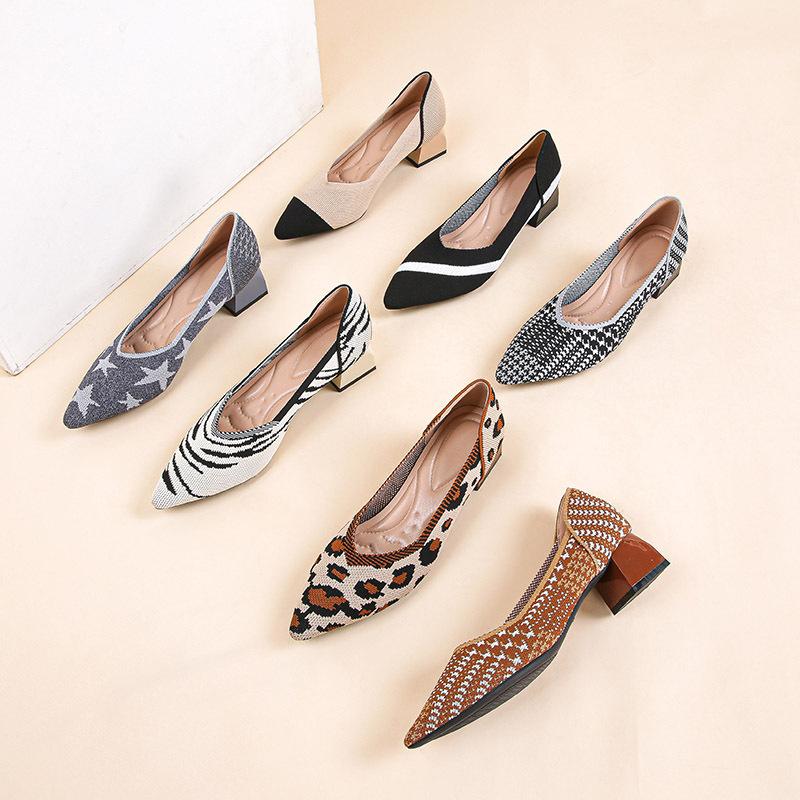 Flying Woven Single Shoes Temperament Fan Color Medium Heel Knitted Pointed Boat Shoes Single Thick Heel