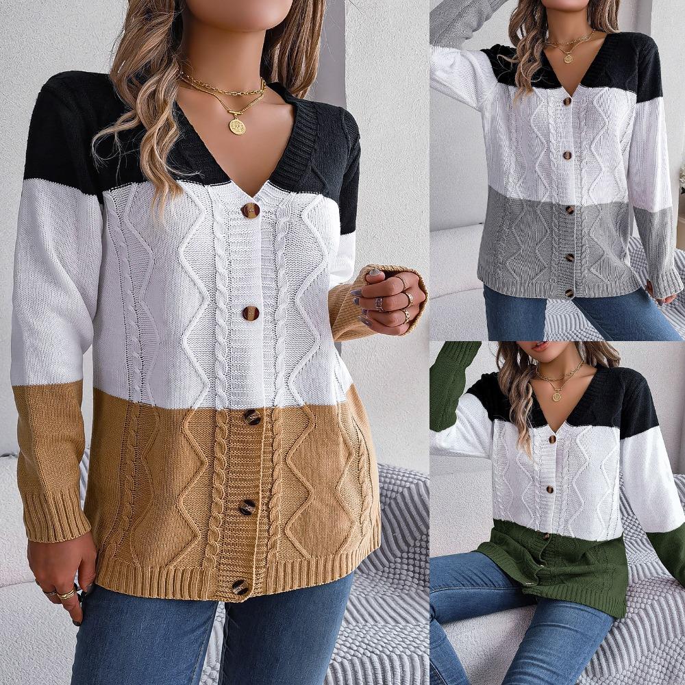 Autumn and Winter Casual Contrast Button Long-sleeved Sweater Cardigan Jacket