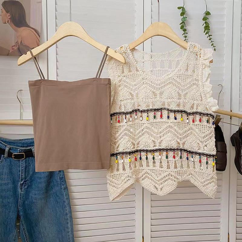 Dimanaf 2024 neue T-Shirt Frauen Stricken Spitze Weste Oansatz Hohl Sommer Grundlegende Stil Tops Tees Lose Kleidung tt026