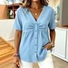 Women's V Neck Button Front Loose Fit Short Sleeve T Shirt Top Casual Lightweight Summer Blouse