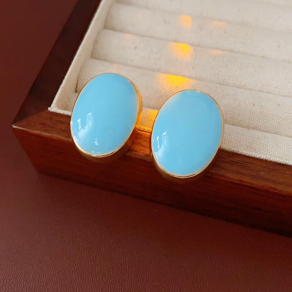 Simple Temperament Dopamine Color Oval Shape Stud Earrings for Women Personality Fashion Stainless Steel Piercing Jewelry Gifts