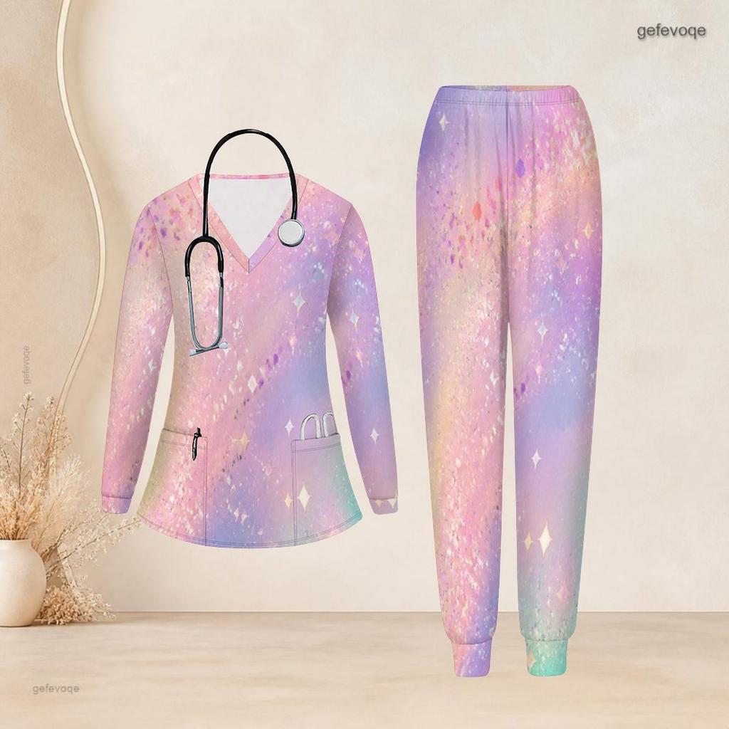 Women Plus Size Pink Purple Printed Nurse Scrub Set V Neck Long Sleeve Pocket Top And Long Pants