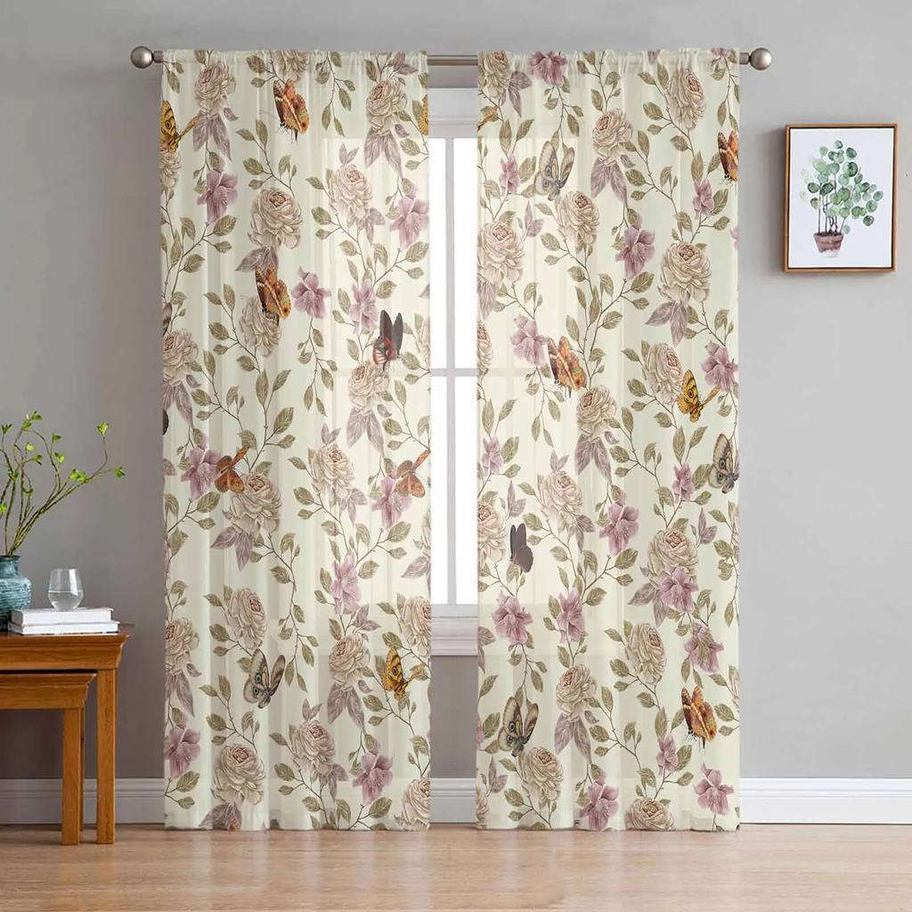 Colorful Flowers Leaves Branches Plants Window Drapes Living Room Sheer Curtain Bedroom Kitchen Home Decor