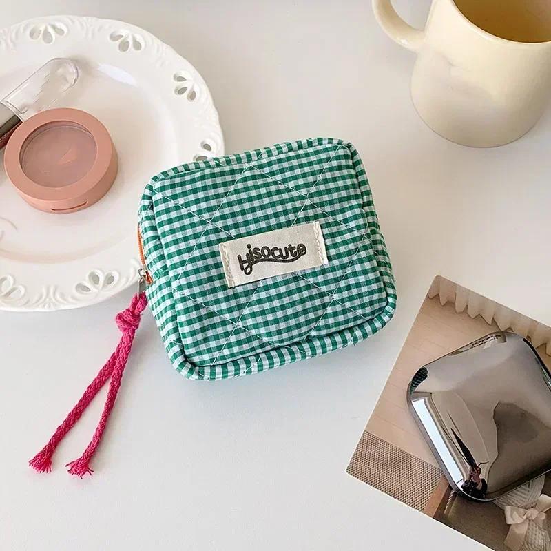 Mini Plaid Makeup Bags Headphone Key Lipstick Storage Bag Minimalist Checkered Cosmetic Bag Makeup Pouch Small Zipper Coin Purse