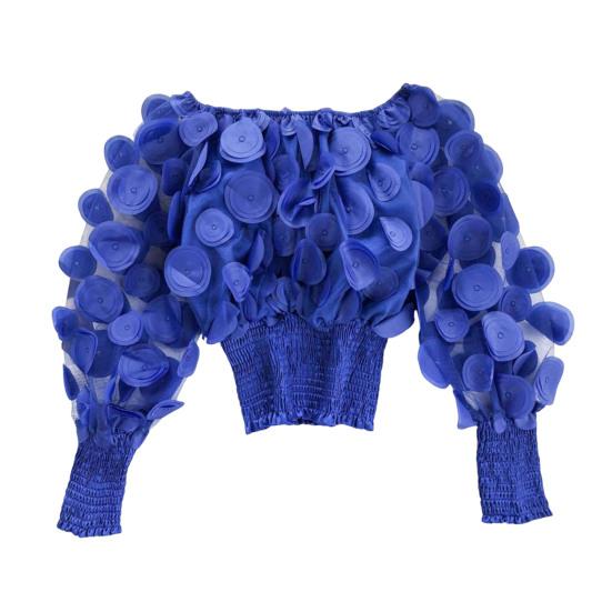 Women Tops Off Shoulder Puff Long Sleeve Elastic Waist Short Tops Perspective Mesh Yarn Casual Tops Party Daily Wear