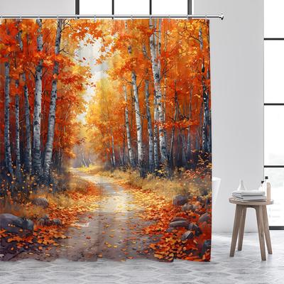 Cortinas de Ducha Bosque Otoñal Árboles de Arce Rojo Hojas Cayendo Carretera Paisaje Otoñal Tela Decoración Hogar Cortina de Baño con Ganchos