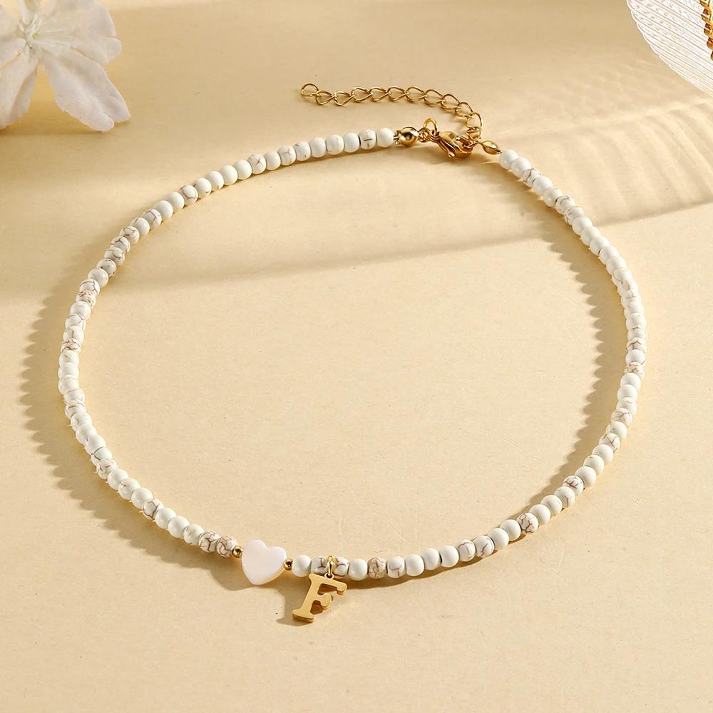Bohemian Choker neck Initial necklaces heart-shaped shell letter pendant beads Women's stainless steel necklace woman trend2025