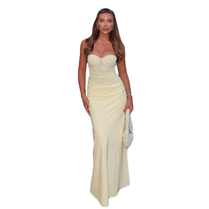 

2026 Spring Elegant Sleeveless Bodycon Mesh Dress with Spaghetti Straps Medium жовтий