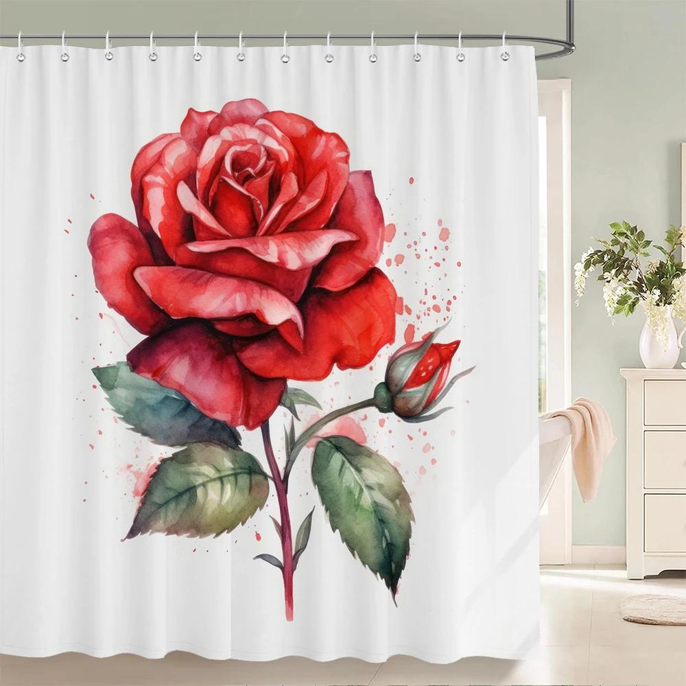Waterproof Polyester Fabric Red Rose Shower Curtains Blue Rose Flowers Printing Bathroom Curtains for Home Decoration Curtain