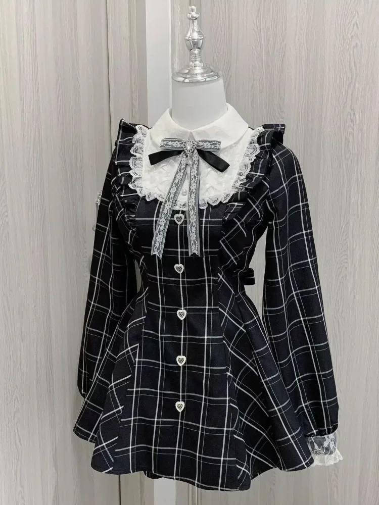 

Платья Harajuku Sweet Bow Black Plaid, универсальные, облегающие, кавайные, в стиле Лолиты, для женщин, новинка осени, с длинным рукавом, Vestidos De Mujer S чёрный