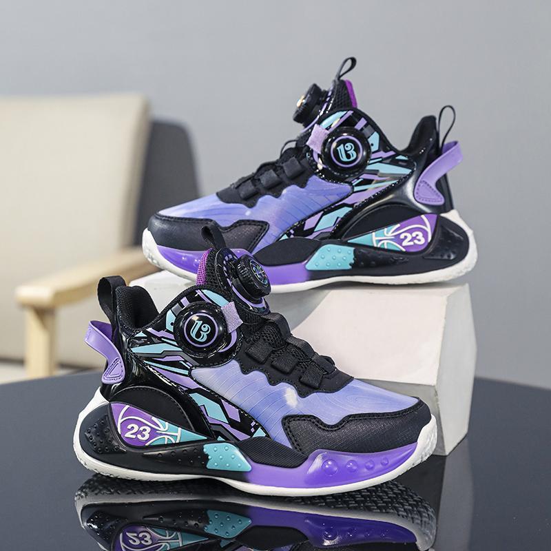 Boys' sneakers mesh breathable 2025 summer new button basketball shoes student fashion middle and older children's shoes trend