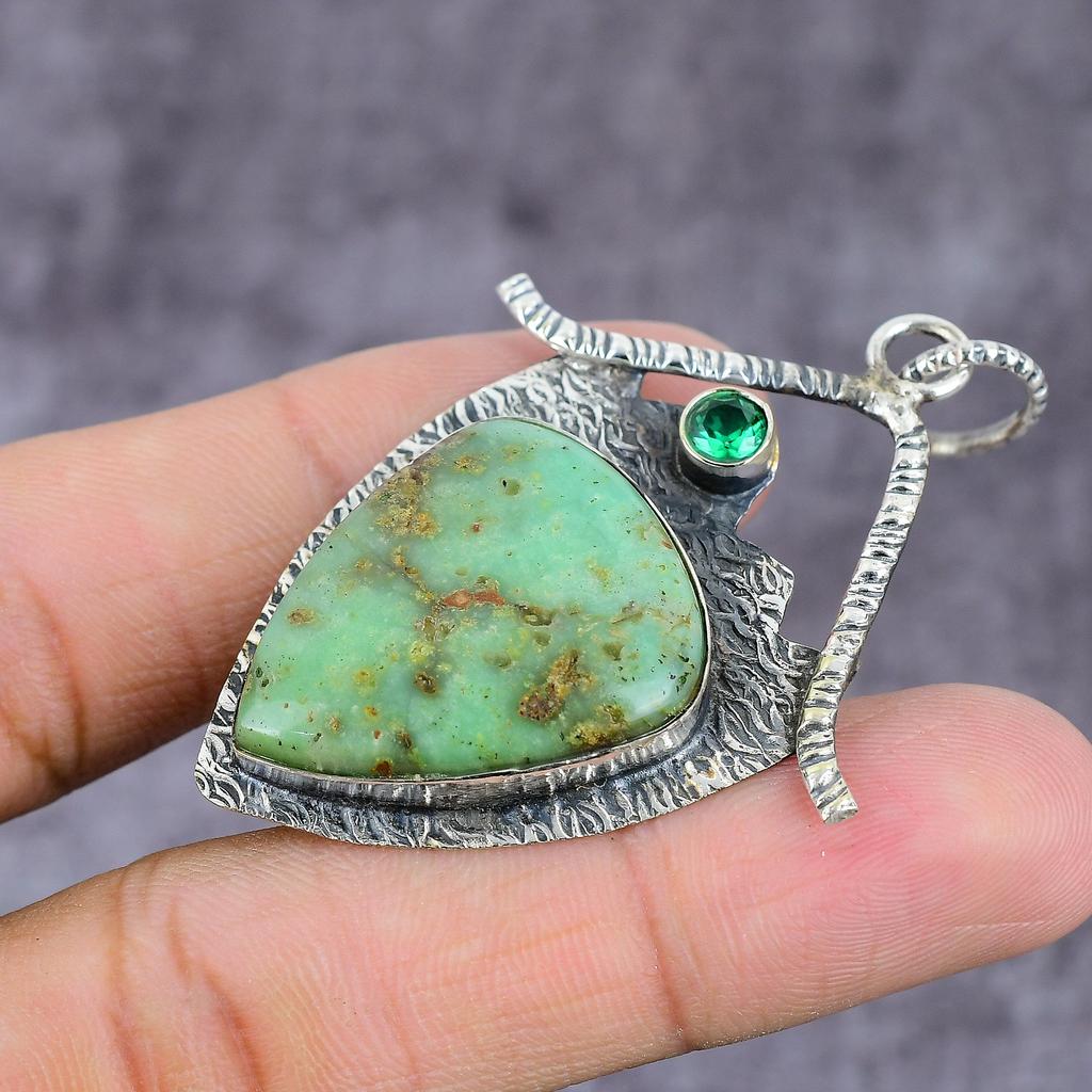 Chrysoprase, Diopside Handmade 925 Sterling Silver Pendant 2.25" q2Q46