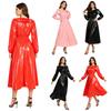 Women Waterproof Vinyl Midi Dress Crew Neck Ruffled Trim Long Sleeve Waist Cinch Swing Hem Glossy Clubwear for Rave Party Night Out