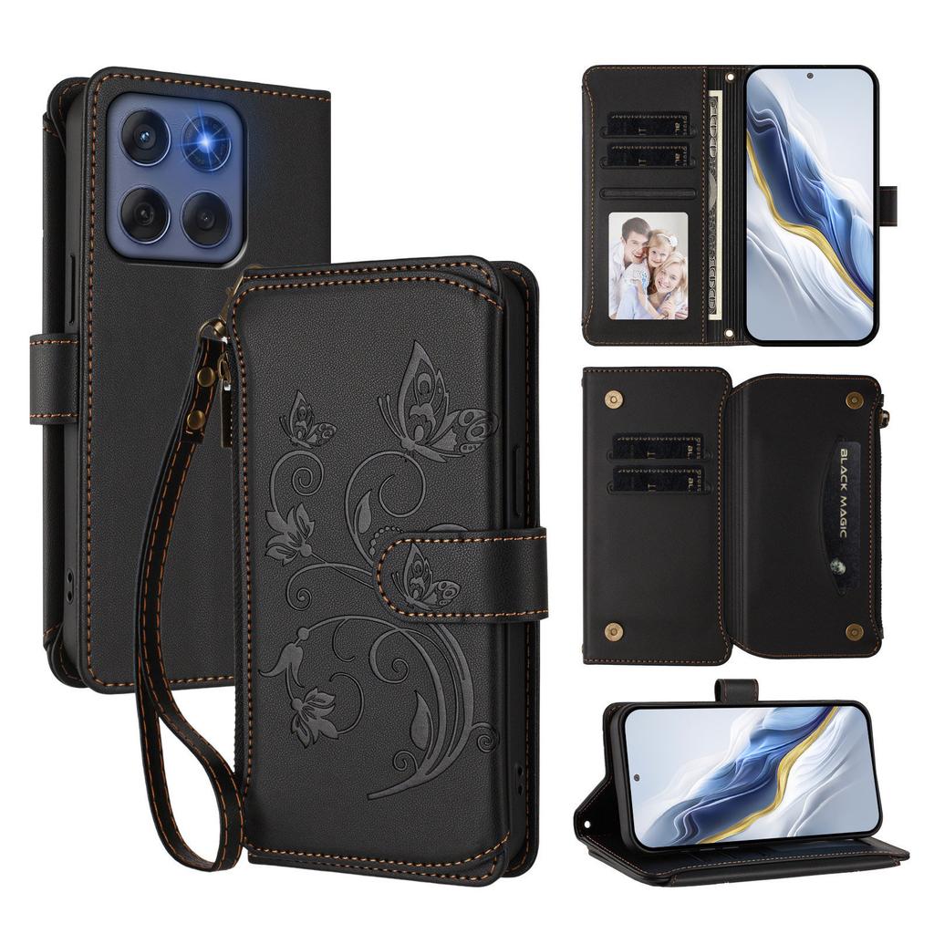 For Motorola Edge 60 5G/Motorola Edge (2025) 5G Leather Case Butterfly Floral Imprint Zipper Wallet Stand Cover with Wrist Strap