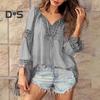 Top da donna scollo a V ricamo pizzo rifinitura pizzo allacciatura manica lunga pullover top tinta unita vestibilità ampia stile casual camicia