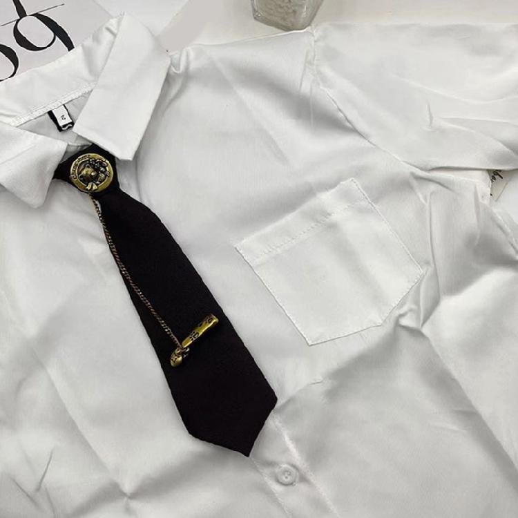 Vintage Metal Bear Pin Necktie for Women Men Preppy Student Japanese Pre Tied Adjustable Ties for Uniform School Shirt