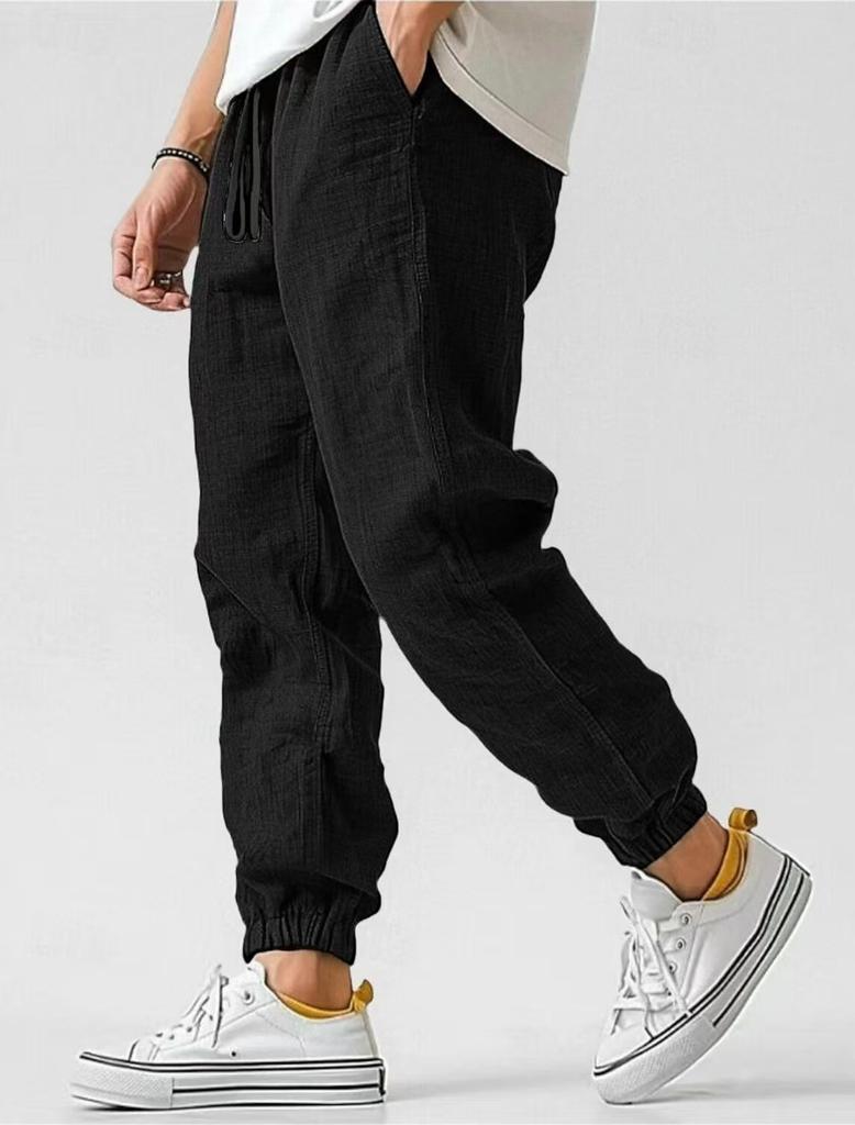 Men's linen pants summer breathable leggings beach straight pants solid color blended linen pants bundle legs