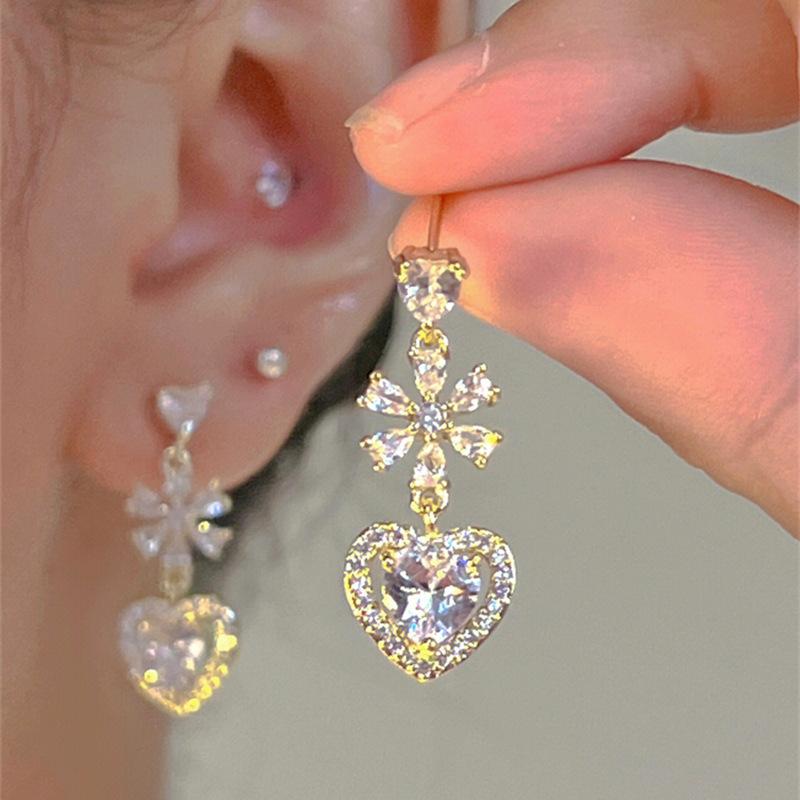 Fashion Flower Love Earrings for Women Korean Style Drop Zircon Stud Earrings Classic Cross Earring Elegant Jewelry Wedding Party Gifts Jewelry