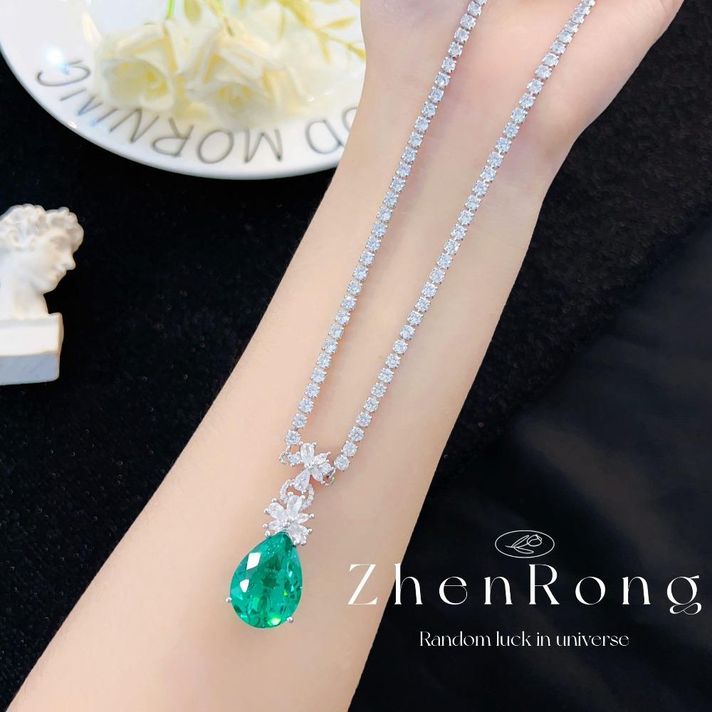 Elegant Women Jewelry Set Artificial Emerald Necklace Vintage Zircon Earrings Luxury Color Gem Ring Sophisticated Jewelry