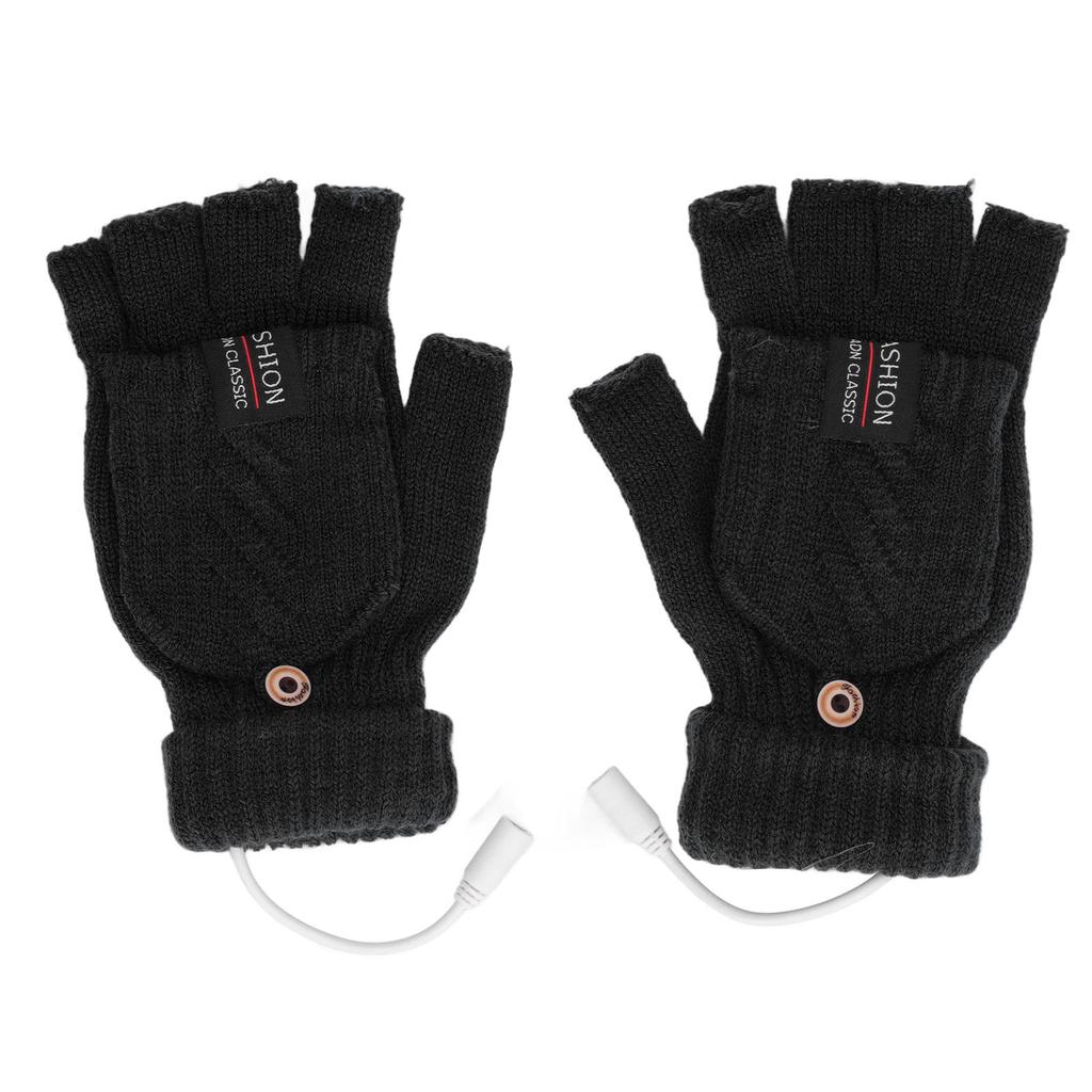 1 Pair USB Heated Gloves Electric Heating Thermal Knitting Gloves Half Finger Winter Hand Warmer for Working Black