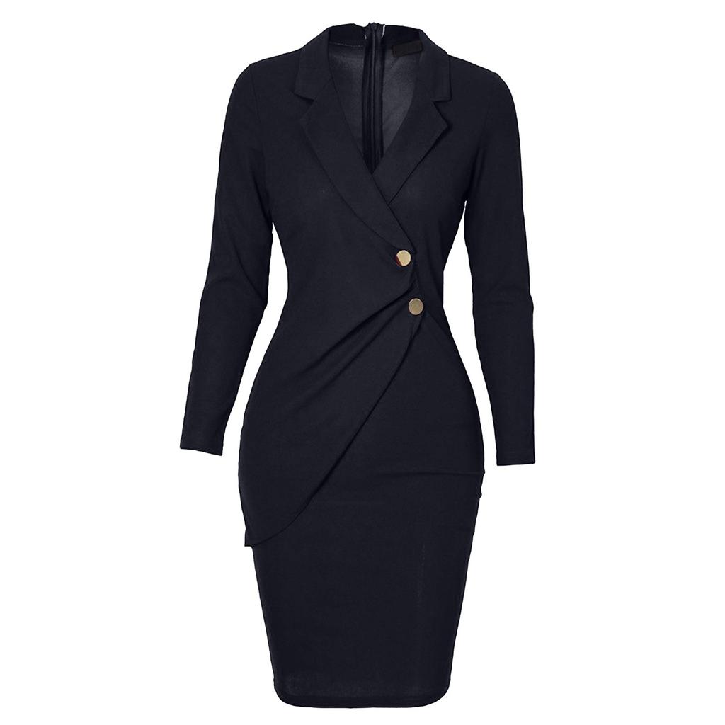Women's Slim Waist Solid Color Lapel Long Sleeve Button Back Zipper Business Dress