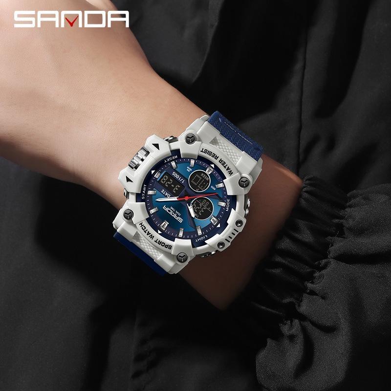 SANDA Fashion Sports Casual Electronic Man Watch Dual Digital Display Luminous Waterproof Multi-functional Watches for Men