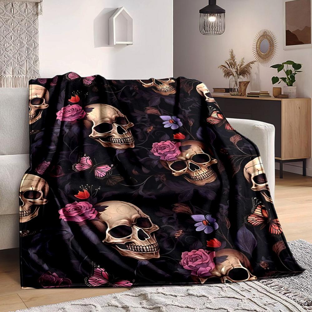 

1pc Skull Floral Pattern Blanket Warm,Perfect for Camping And Travel, Making It a Great Gift for Any Season yy250904153 75x90cm