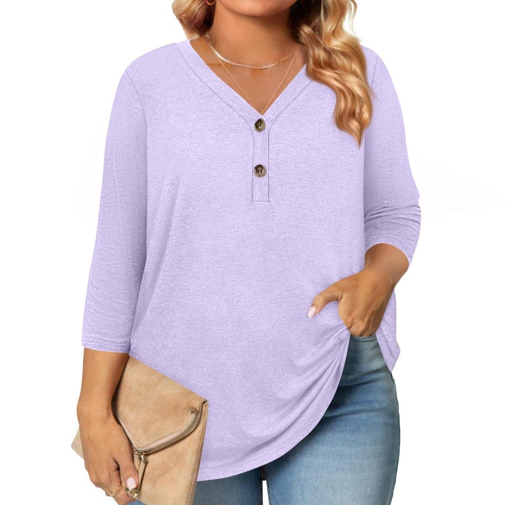 Womens 3/4 Length Sleeve Tops Plus Size Button Down V Neck Shirts Blouses Casual Solid Color Loose