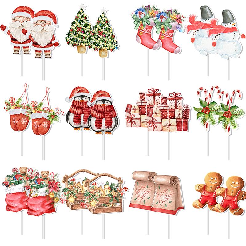 24pcs/set Christmas Cupcake Topper Xmas Gift Santa Claus Snowman Print Cupcake Topper Merry Christmas  Supplies New Year 2025