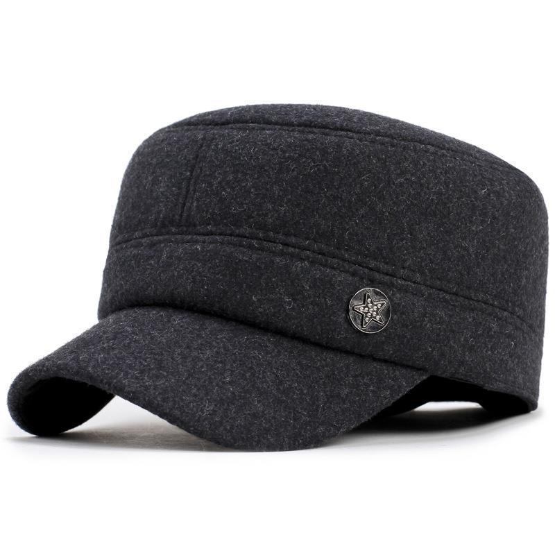 Middle-aged and Elderly Hats Men's Autumn and Winter Woolen Warm Flat-top Hats Five-star Thickened Dad Hats Grandpa Hats Peaked Hats