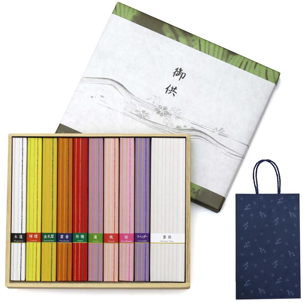 Sympathy Incense Gift [9 Types of Flower Candles, Sandalwood, with Outer Wrapping and Carry Bag] Made In Japan, Low Smoke, Gift-Giving Incense for