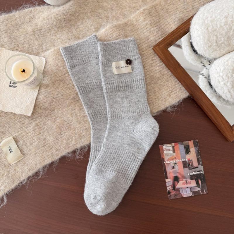 Wool Accessories Women's Socks - Winter High-end Thick and Warm Knitted Fabric with Logo Buttons, Pure Color, Simple Design, Mid-calf Length Socks