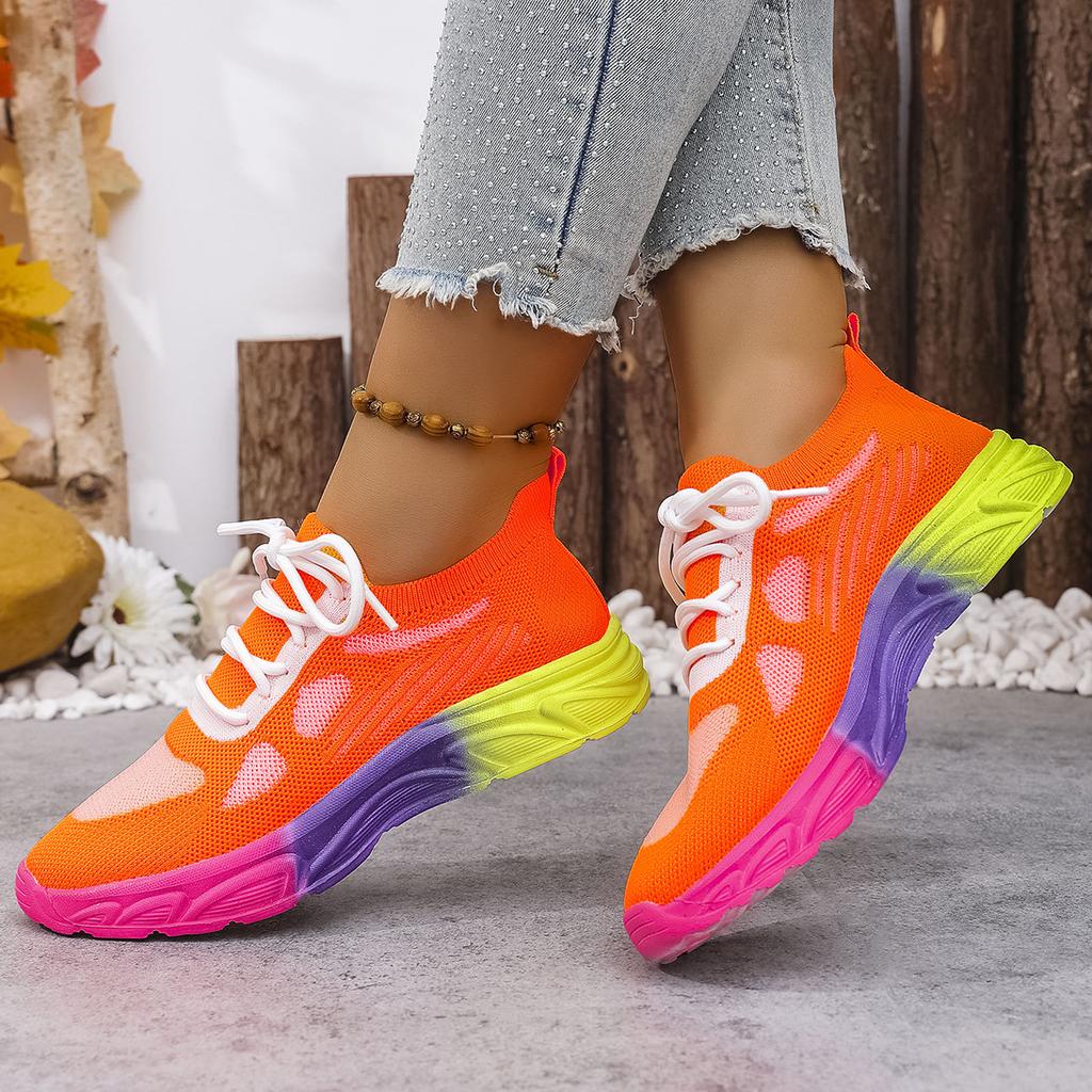 Fashion Women's Sneakers Casual Mesh Hollow Breathable Lace Up Light Rainbow Bottom Comfort Sport Shoes Sneakers Women Zapatillas Mujer