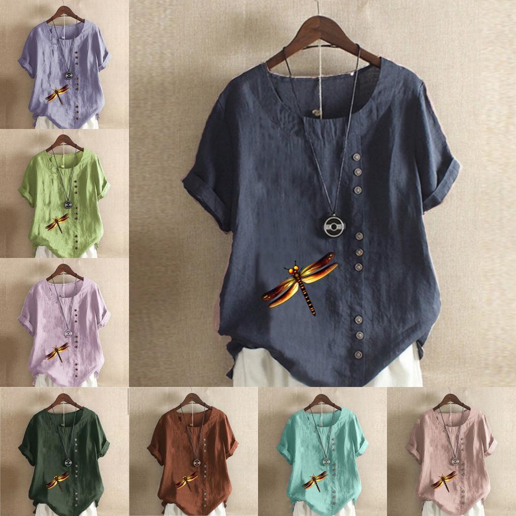 T-shirt à manches courtes imprimé libellule pour femme Chemise ample en coton Hauts Blouse d'été ample décontractée Grande Taille